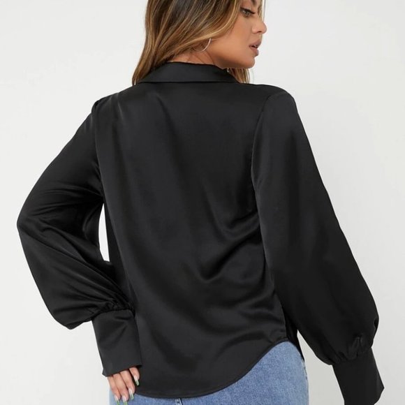 Draped Cowl Neck Long Lantern Bishop Sleeve Blouse - Satin black - Picture 5 of 6